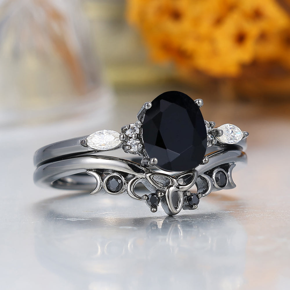 Alternative Oval Black Onyx Wedding Set Engagement Ring Romantic Bridal Set  Engagement Ring
