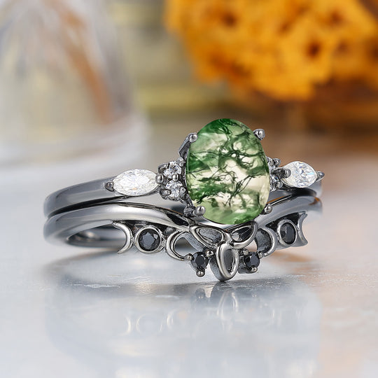 Oval Cut Natural Moss Agate Engagement Ring Handmade Women Rings Anniversary Promise Ring