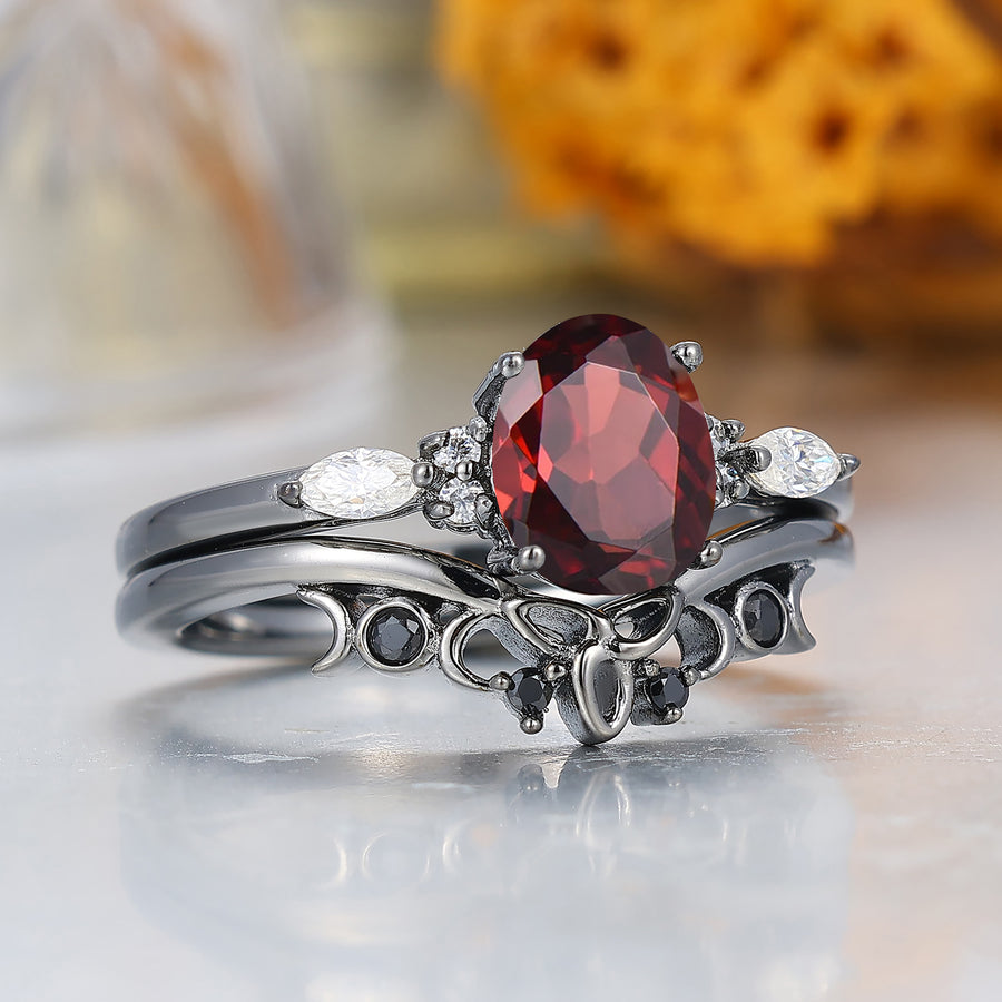 Alternative Oval Red Garnet Wedding Set Engagement Ring Romantic Bridal Set  Engagement Ring