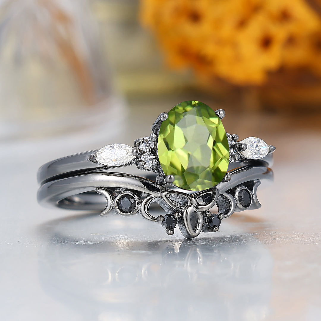 Dainty Oval Cut Peridot Wedding Ring Set Unique Black Plated Engagement Rings