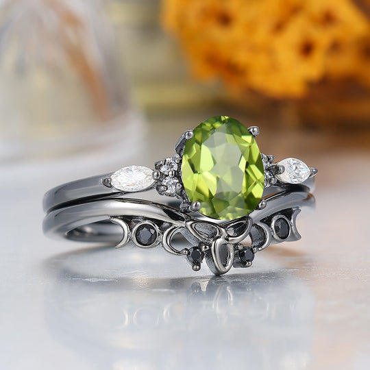 Dainty Oval Cut Peridot Wedding Ring Set Unique Black Plated Engagement Rings