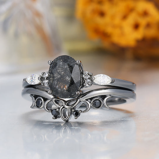 Ispirato al barocco Anello di fidanzamento in quarzo rutilato nero naturale Anello da donna placcato nero