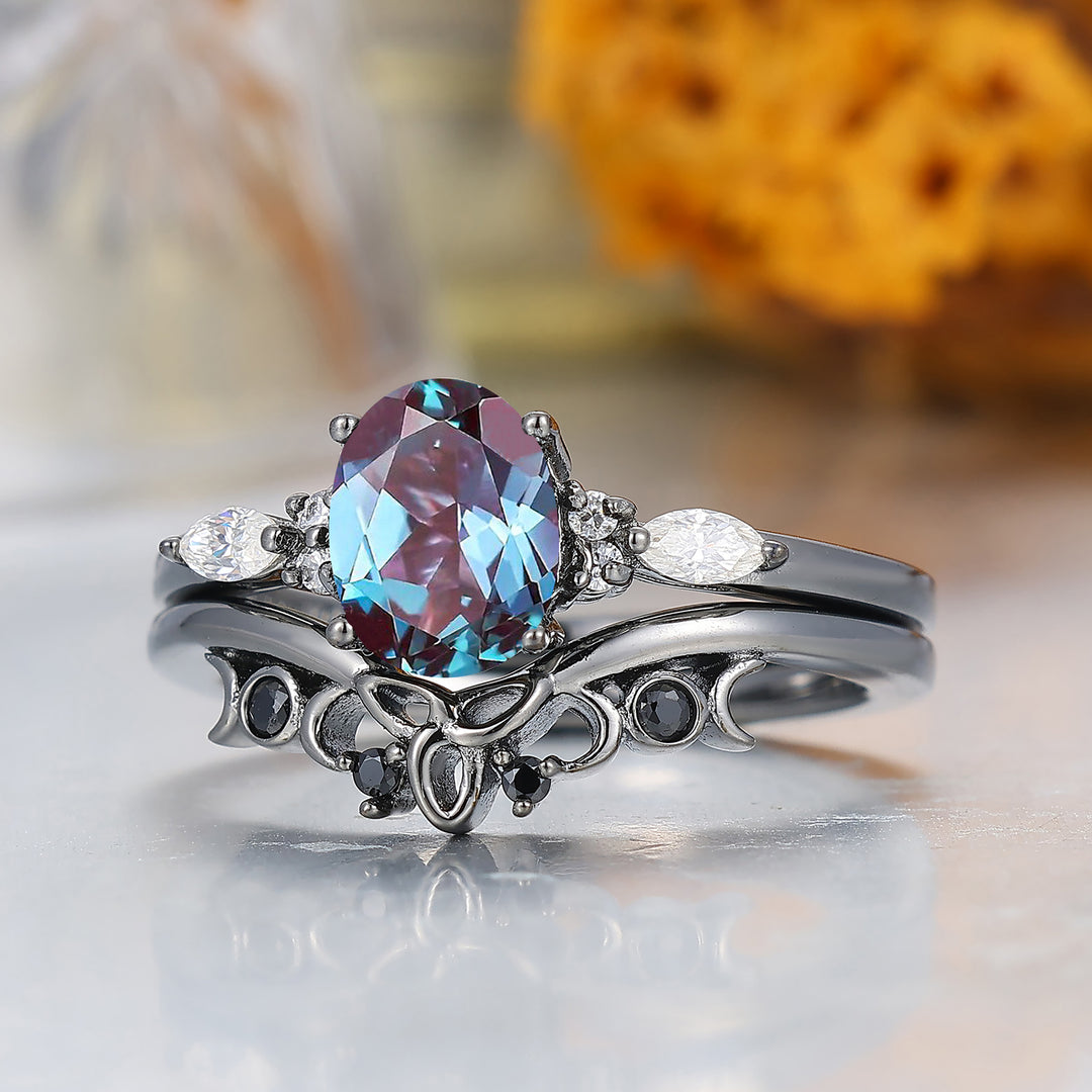 Oval Cut 1.5CT Oval Alexandrite Women Ring Set Black Plated Anniversary Promise Rings