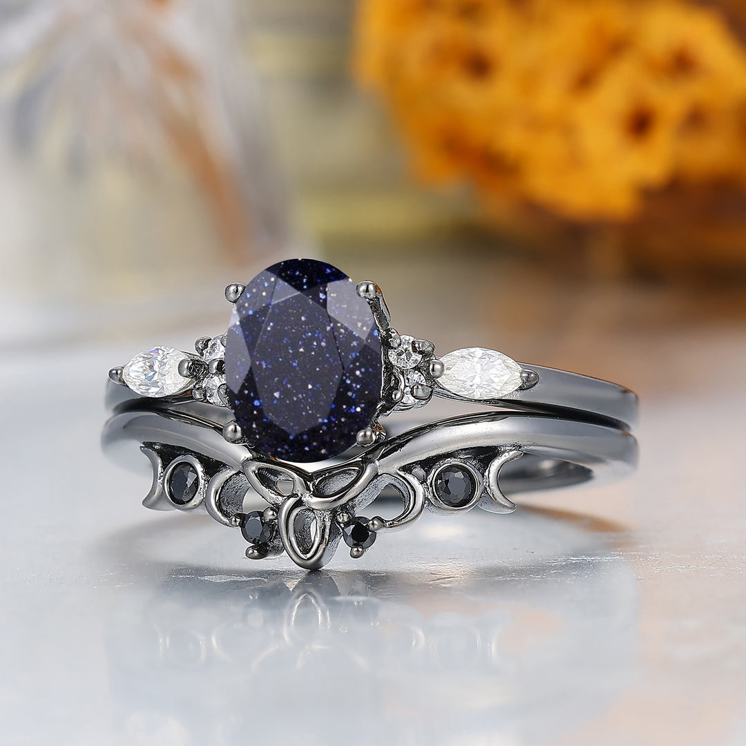 Unique 1.5CT Oval Cut Blue Sandstone Wedding Ring Set Black Plated Women Rings