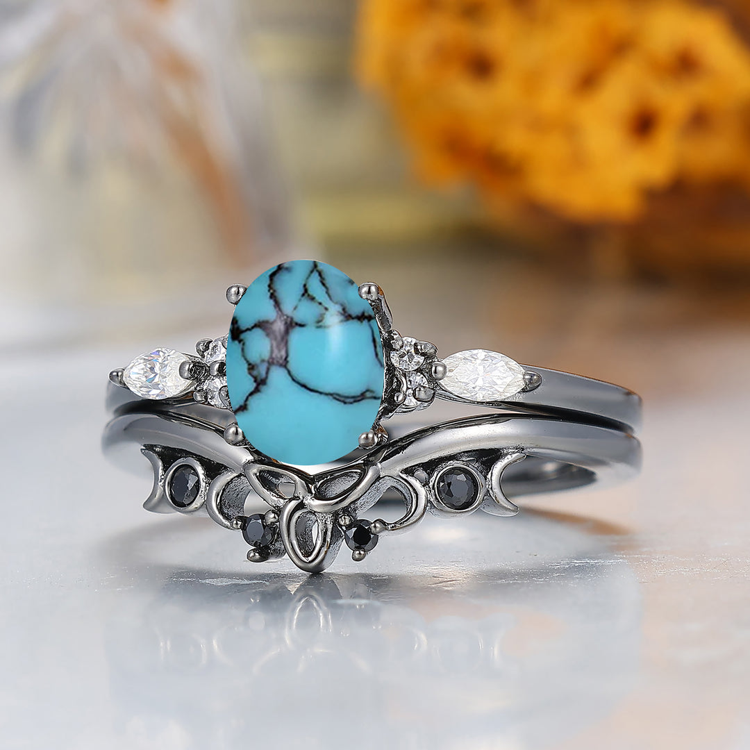 Vintage Oval Shape Turquoise Engagement Rings Sterling Silver Black Plated Women Ring Set