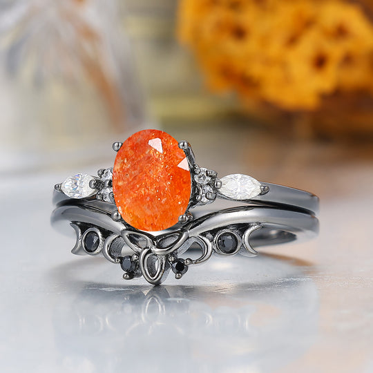 Alternative Oval Sunstone Wedding Set Engagement Ring Romantic Bridal Set  Engagement Ring