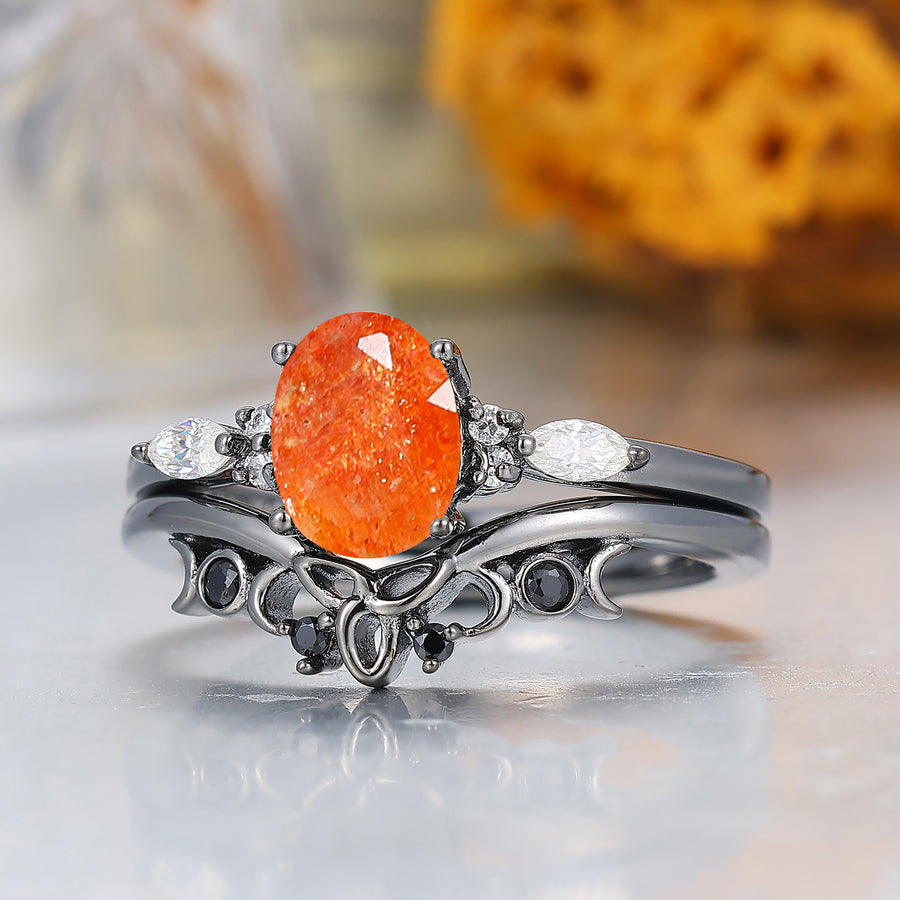 Alternative Oval Sunstone Wedding Set Engagement Ring Romantic Bridal Set  Engagement Ring