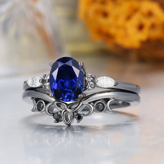 Alternative Oval Sapphire Wedding Set Engagement Ring Romantic Bridal Set  Engagement Ring