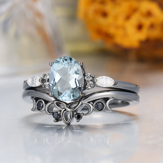 Fijne Ovale Geslepen Aquamarijn Verlovingsring Unieke Zwart Vergulde Aquamarijn Damesringen