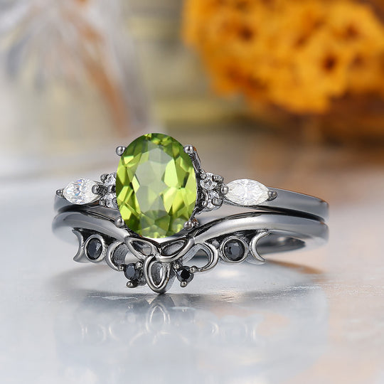 Dainty Oval Cut Peridot Wedding Ring Set Unique Black Plated Engagement Rings