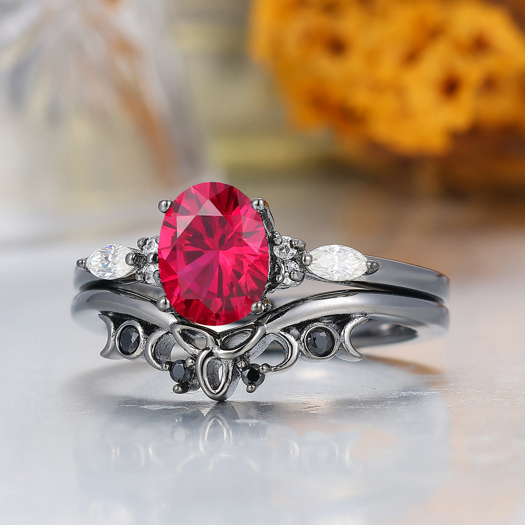 Vintage Oval Shape Ruby Engagement Rings Sterling Silver Black Plated Women Ring Set