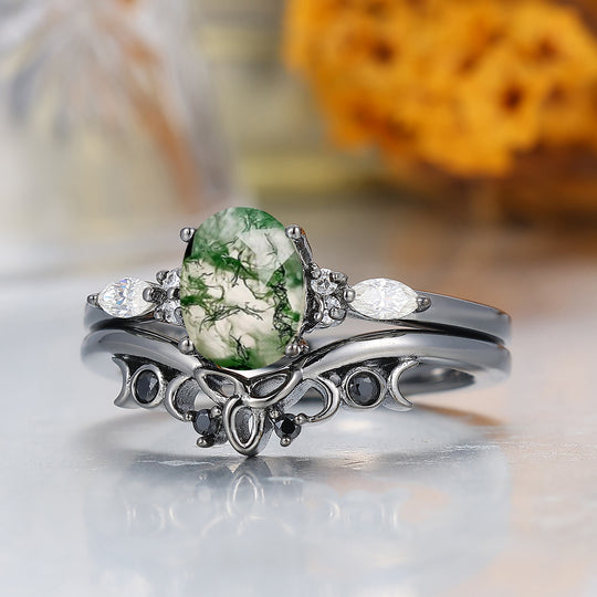 Oval Cut Natural Moss Agate Engagement Ring Handmade Women Rings Anniversary Promise Ring