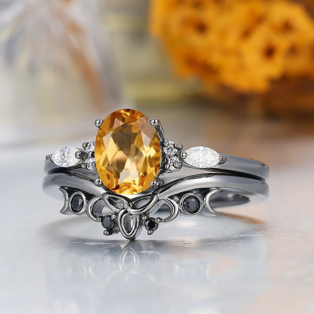 Vintage Oval Shape Citrine Engagement Rings Sterling Silver Black Plated Women Ring Set