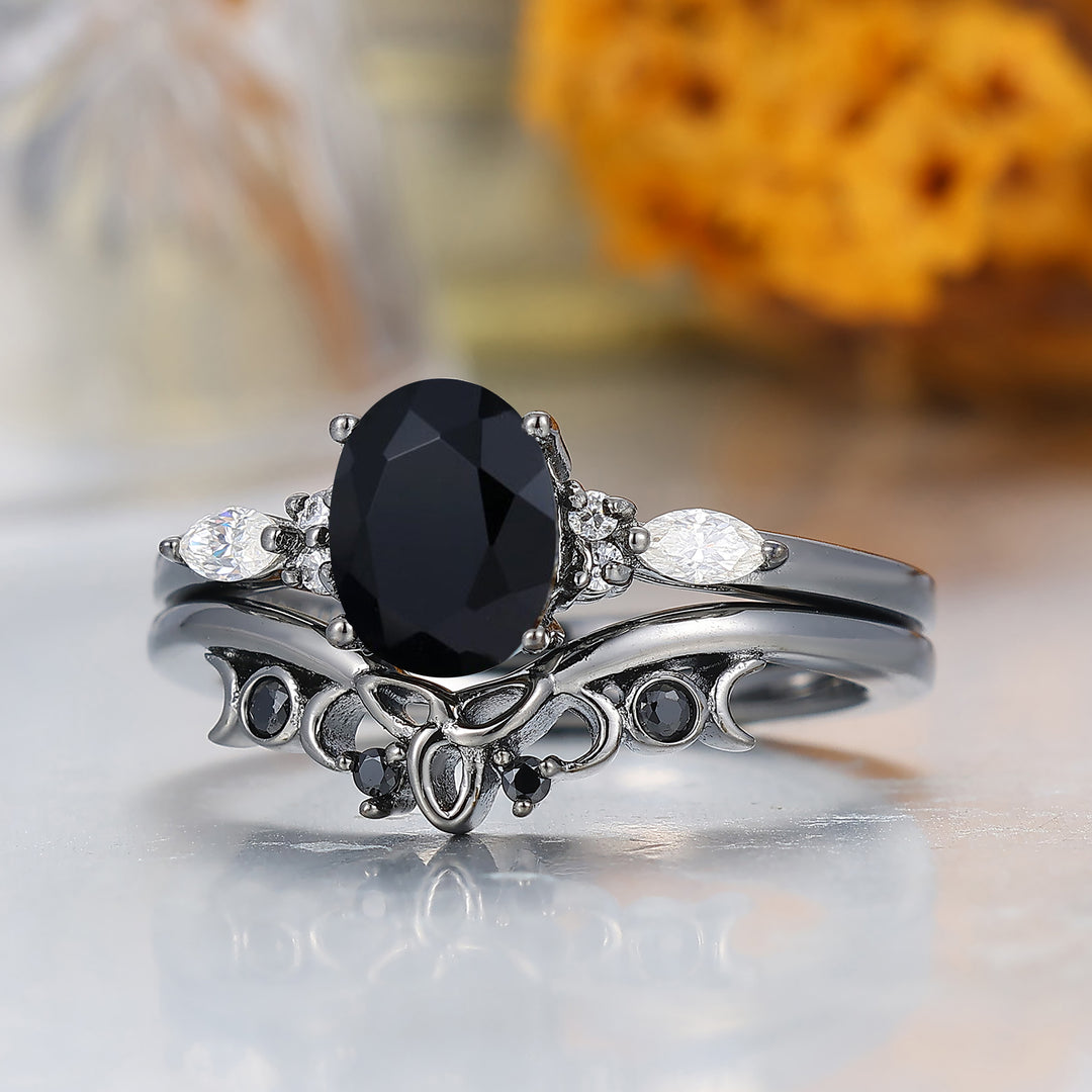 Alternative Oval Black Onyx Wedding Set Engagement Ring Romantic Bridal Set  Engagement Ring