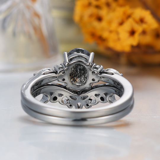 Ispirato al barocco Anello di fidanzamento in quarzo rutilato nero naturale Anello da donna placcato nero