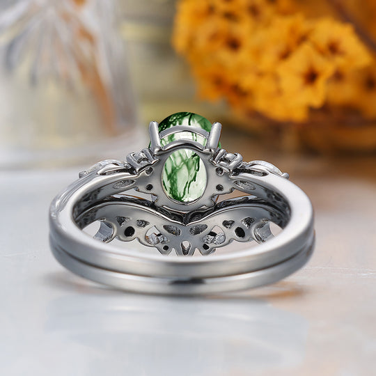 Oval Cut Natural Moss Agate Engagement Ring Handmade Women Rings Anniversary Promise Ring