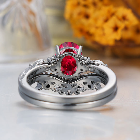 Vintage Oval Shape Ruby Engagement Rings Sterling Silver Black Plated Women Ring Set