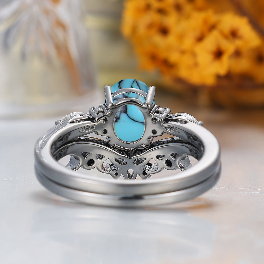 Vintage Oval Shape Turquoise Engagement Rings Sterling Silver Black Plated Women Ring Set