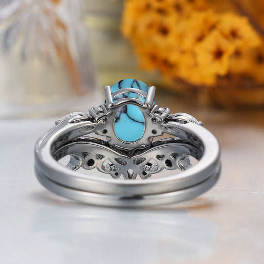 Vintage Oval Shape Turquoise Engagement Rings Sterling Silver Black Plated Women Ring Set