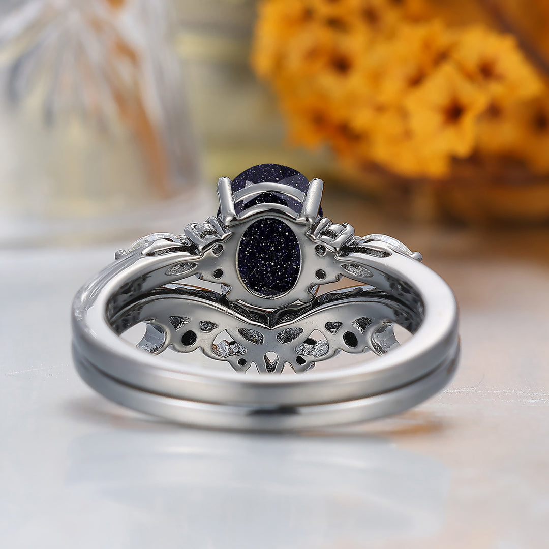 Unique 1.5CT Oval Cut Blue Sandstone Wedding Ring Set Black Plated Women Rings