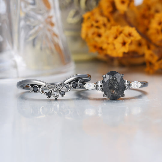 Ispirato al barocco Anello di fidanzamento in quarzo rutilato nero naturale Anello da donna placcato nero