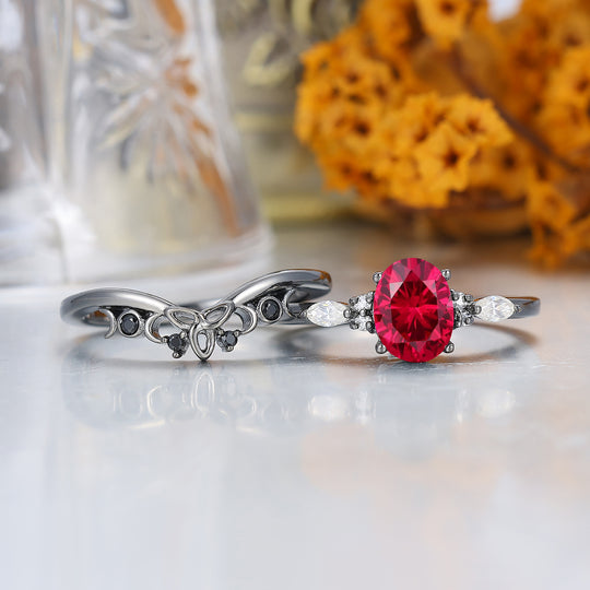 Vintage Oval Shape Ruby Engagement Rings Sterling Silver Black Plated Women Ring Set