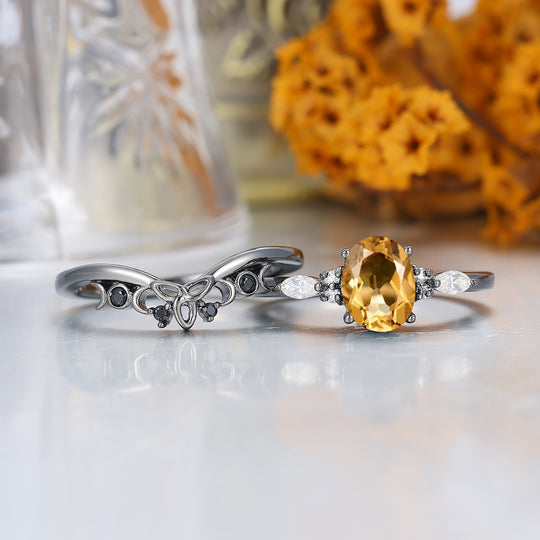 Vintage Oval Shape Citrine Engagement Rings Sterling Silver Black Plated Women Ring Set