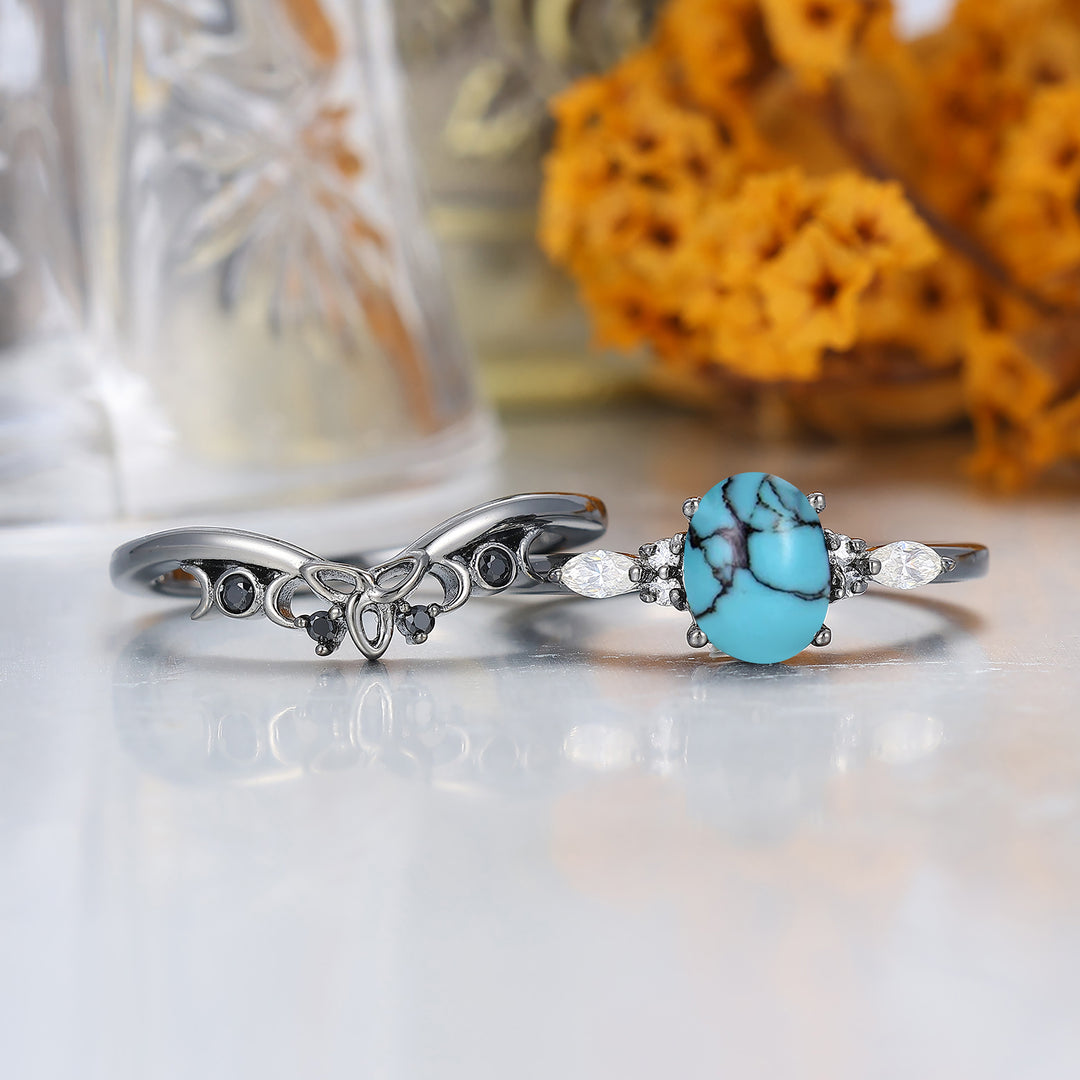 Vintage Oval Shape Turquoise Engagement Rings Sterling Silver Black Plated Women Ring Set