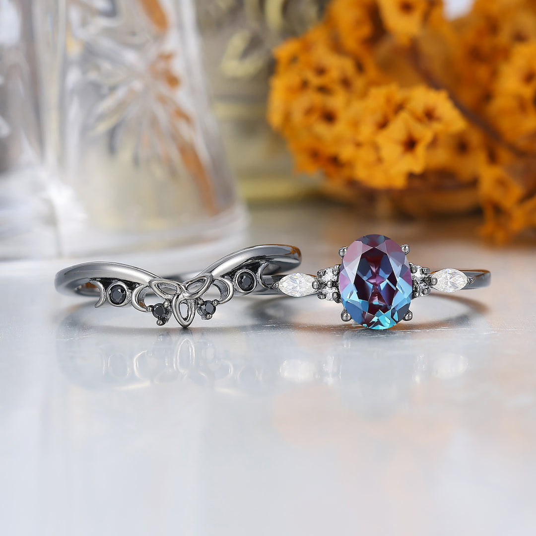 Oval Cut 1.5CT Oval Alexandrite Women Ring Set Black Plated Anniversary Promise Rings