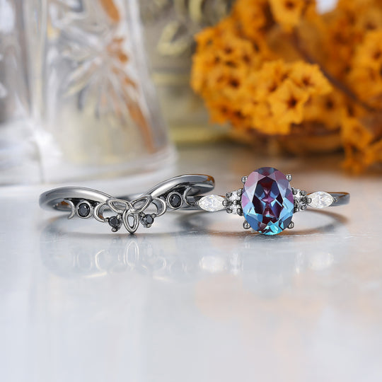 Oval Cut 1.5CT Oval Alexandrite Women Ring Set Black Plated Anniversary Promise Rings
