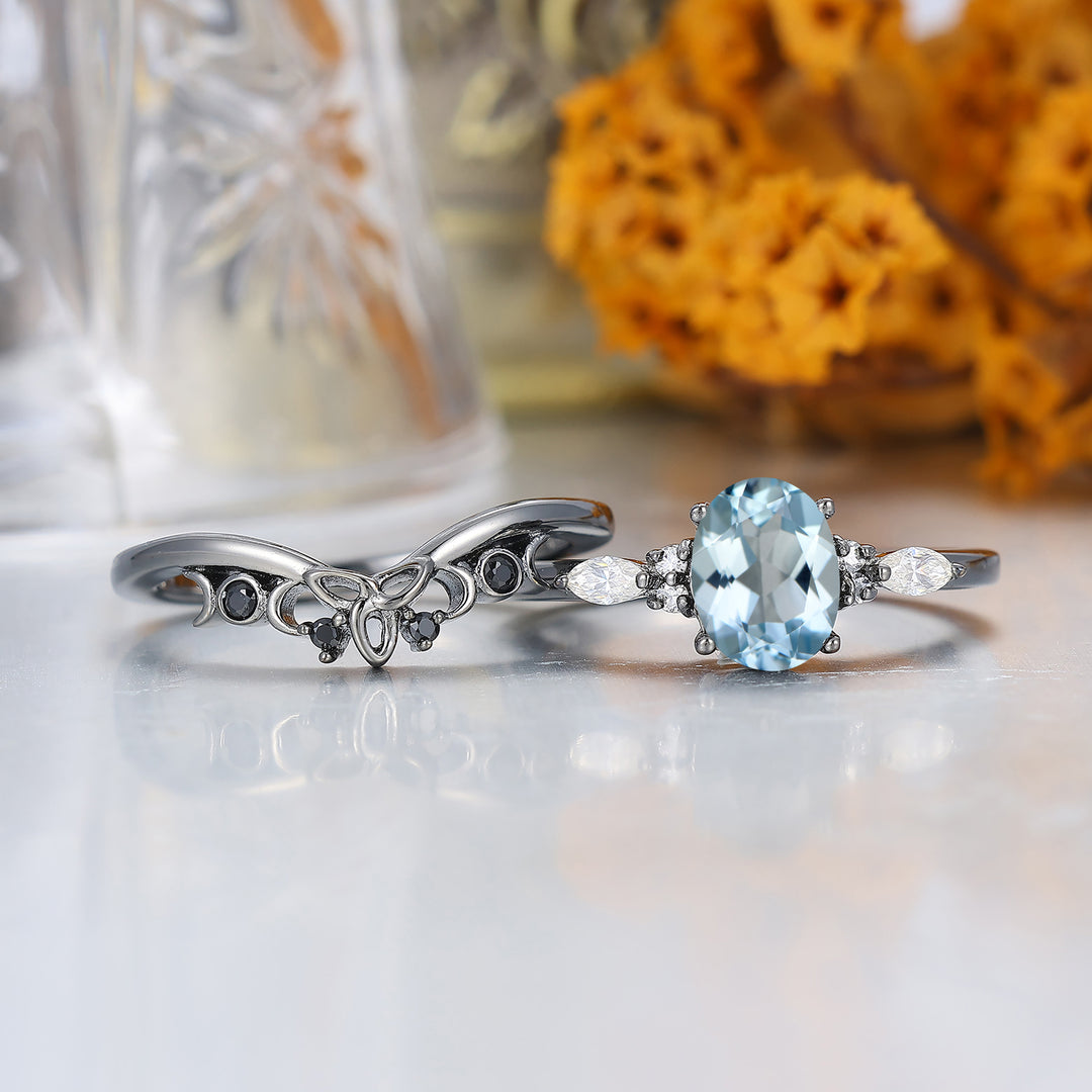 Fijne Ovale Geslepen Aquamarijn Verlovingsring Unieke Zwart Vergulde Aquamarijn Damesringen