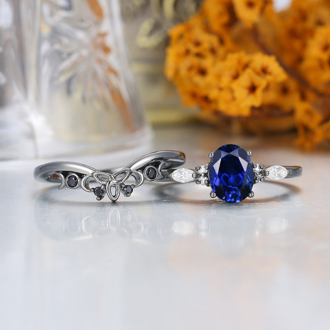 Alternative Oval Sapphire Wedding Set Engagement Ring Romantic Bridal Set  Engagement Ring