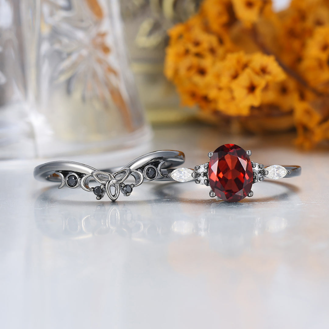 Alternative Oval Red Garnet Wedding Set Engagement Ring Romantic Bridal Set  Engagement Ring