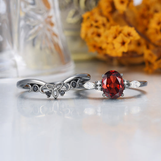 Alternative Oval Red Garnet Wedding Set Engagement Ring Romantic Bridal Set  Engagement Ring