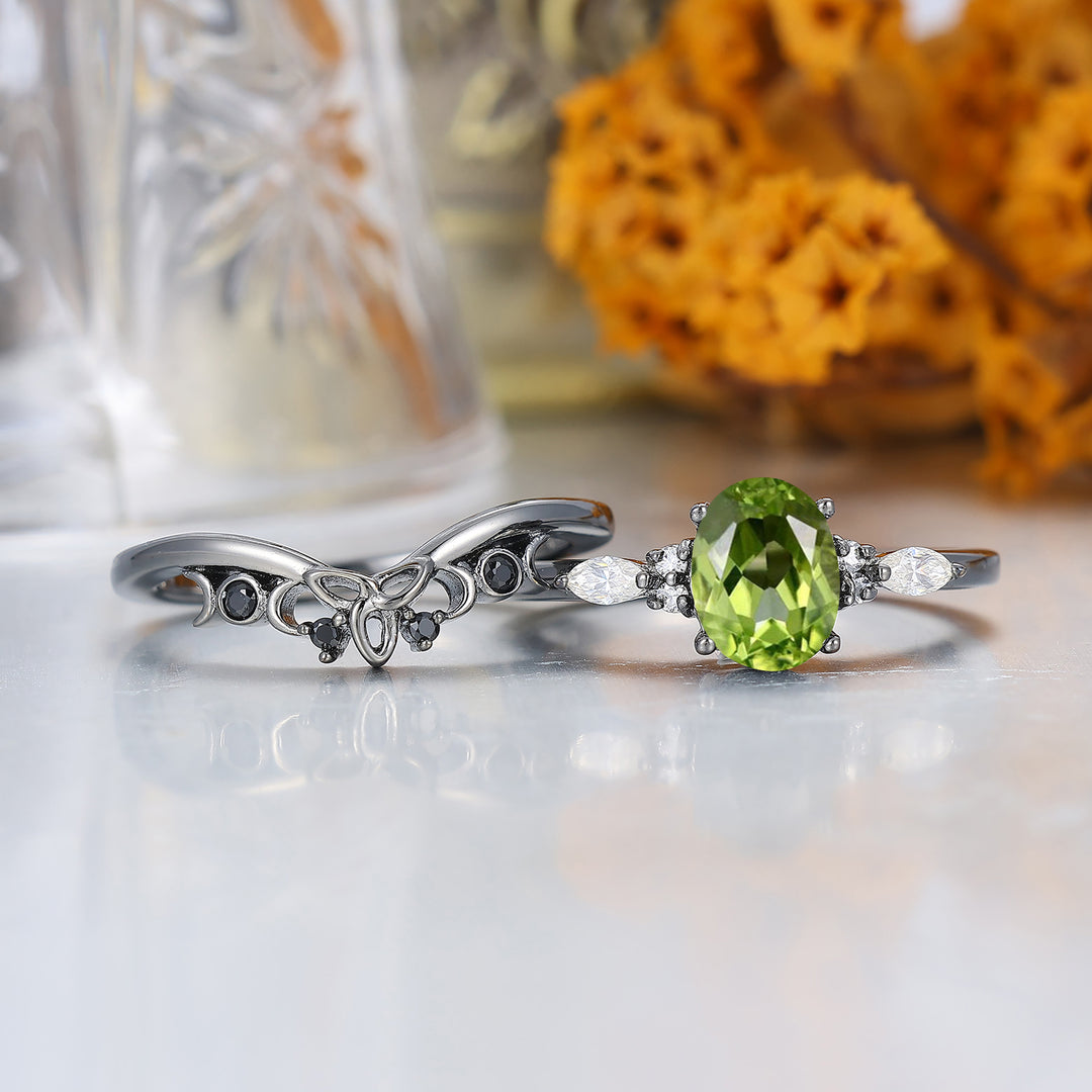 Dainty Oval Cut Peridot Wedding Ring Set Unique Black Plated Engagement Rings