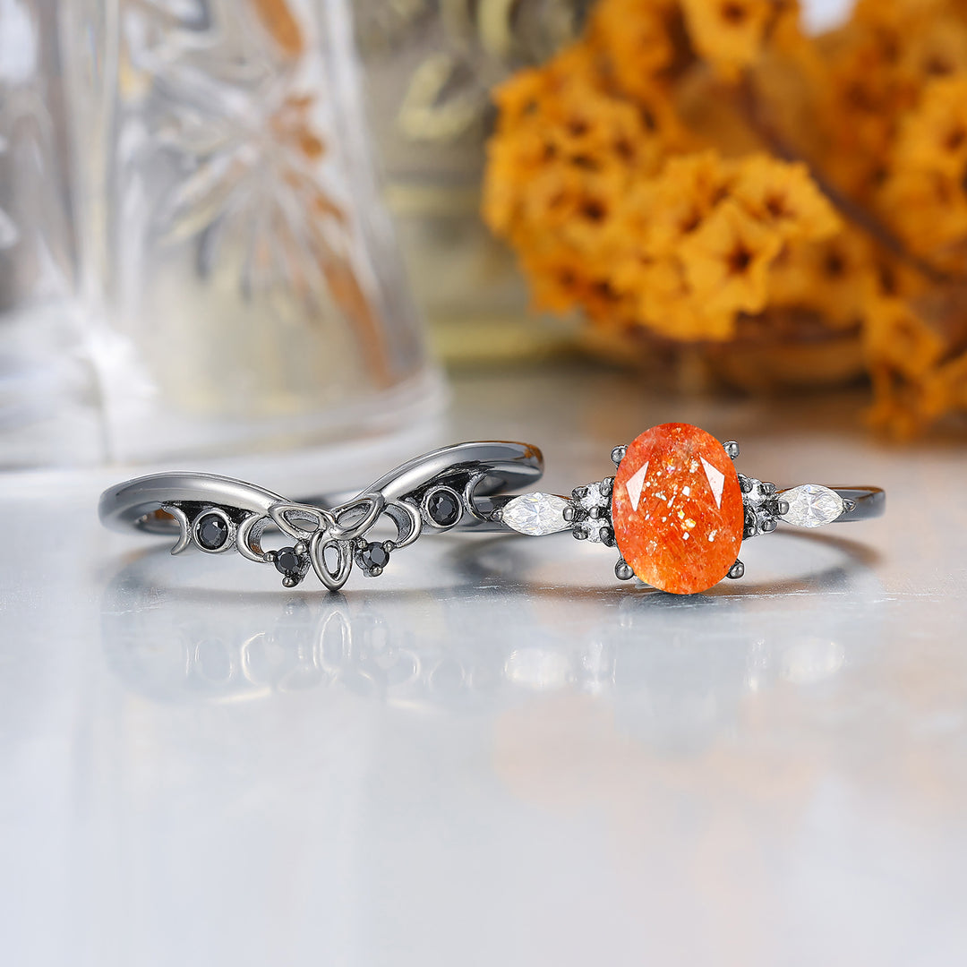Alternative Oval Sunstone Wedding Set Engagement Ring Romantic Bridal Set  Engagement Ring