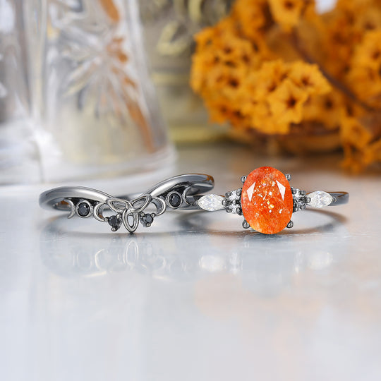 Alternative Oval Sunstone Wedding Set Engagement Ring Romantic Bridal Set  Engagement Ring