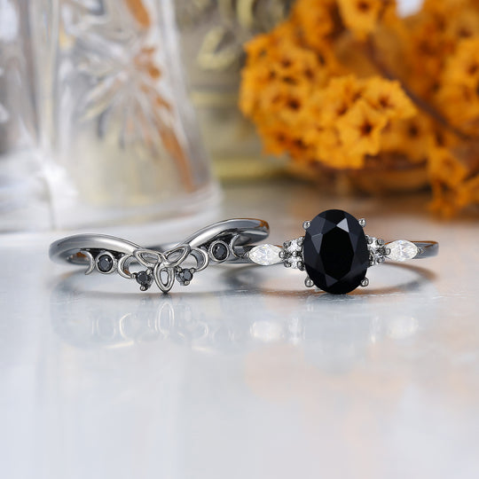 Alternative Oval Black Onyx Wedding Set Engagement Ring Romantic Bridal Set  Engagement Ring