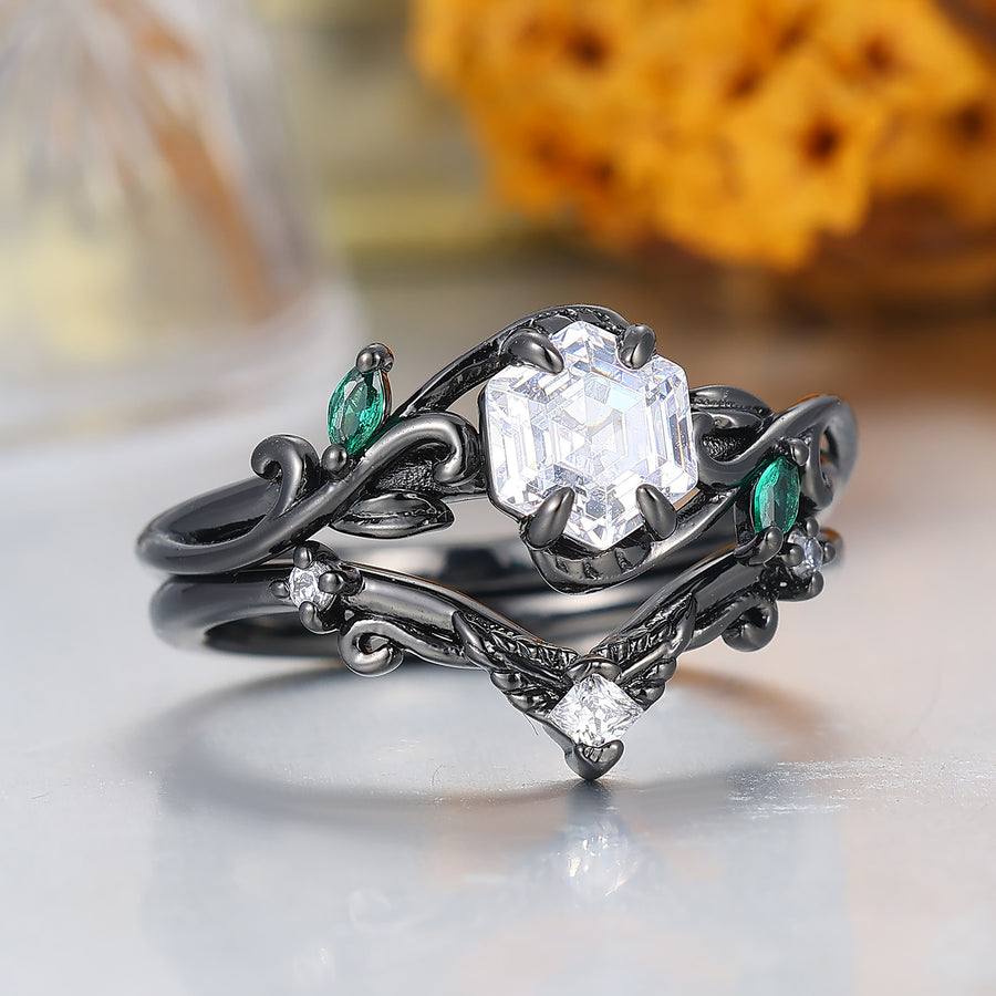 Leaf Inspired Hexagon Cut Moissanite Vine Wedding Ring Set Art Deco Black Gold Bridal Ring Set