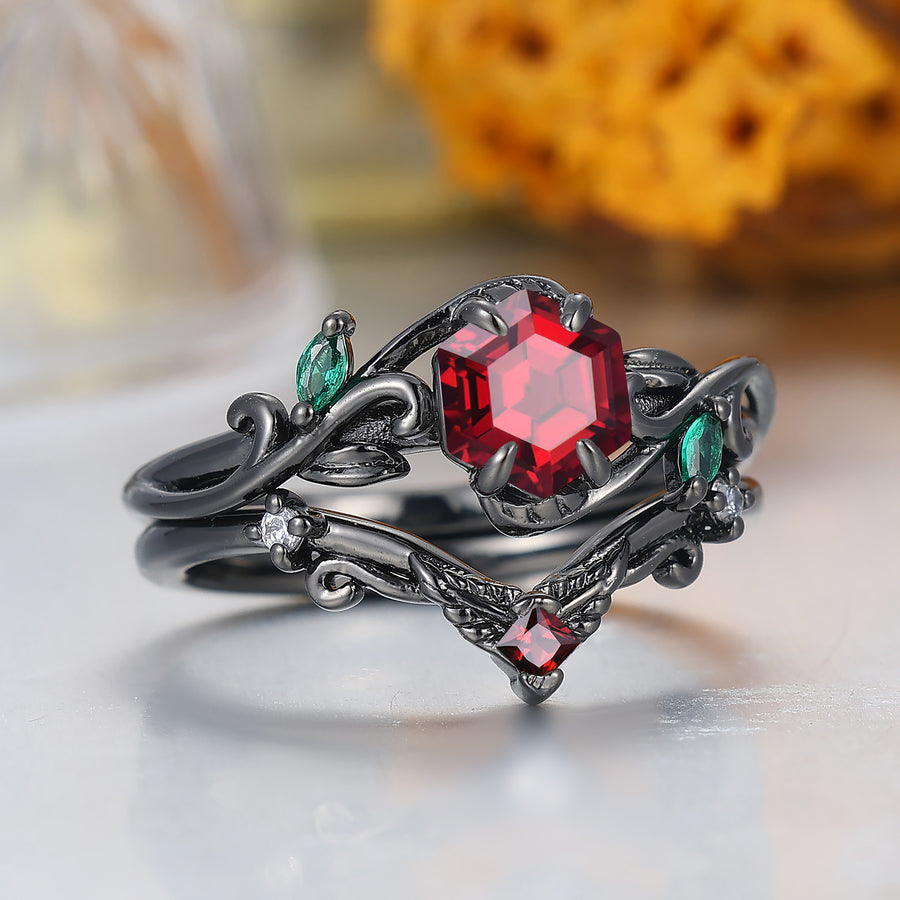 Dainty Red Garnet Leaf Vine Bridal Ring Set January Birthstone Red Garnet Women's Ring