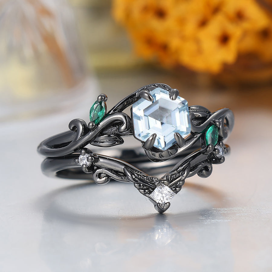 Naturral Inspired Hexagon Cut Aquamarine Vine Engagement Ring Set Black Gold Bridal Ring Set