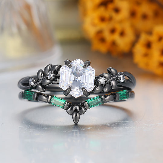 Unique Hexagon Cut Moissanite Wedding Ring Set Nature Inspired 2pcs Black Gold Moissanite Ring