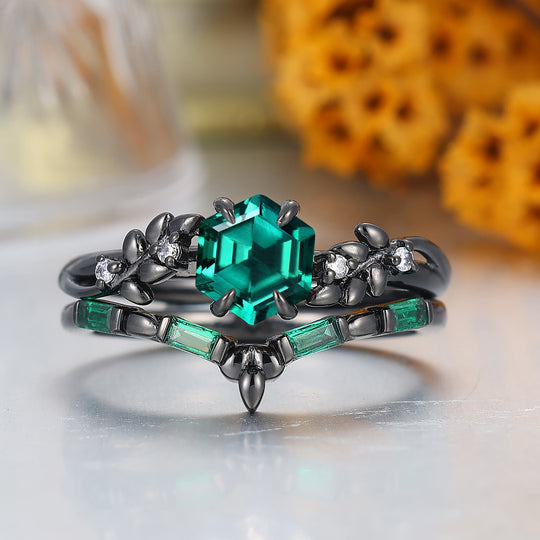 Art Deco Hexagon Shape Emerald Engagement Ring Leaf Style Anniversary Bridal Ring