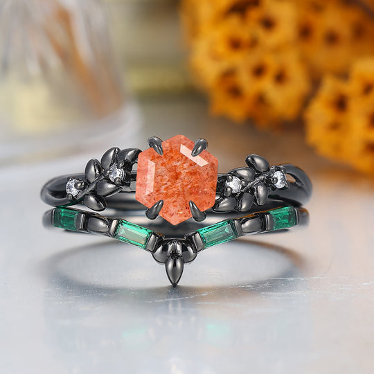 Blad Geïnspireerde Hexagon Geslepen Natuurlijke Zonnesteen Verlovingsring Unieke Zwart Vergulde Bruidsring