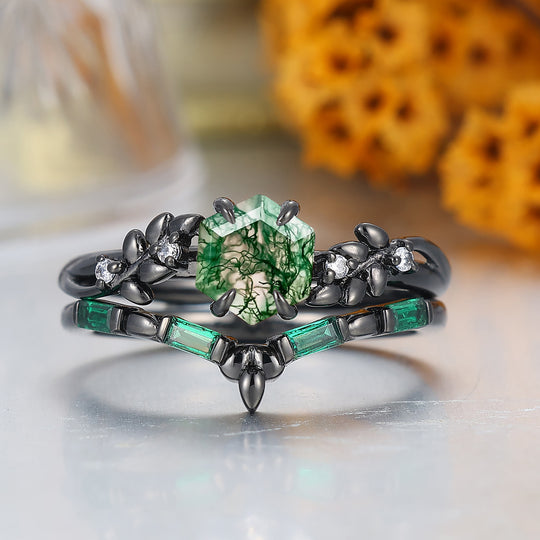 Art Deco 14K Hexagon Shape Moss Agate Engagement Ring Leaf Style Anniversary Bridal Ring
