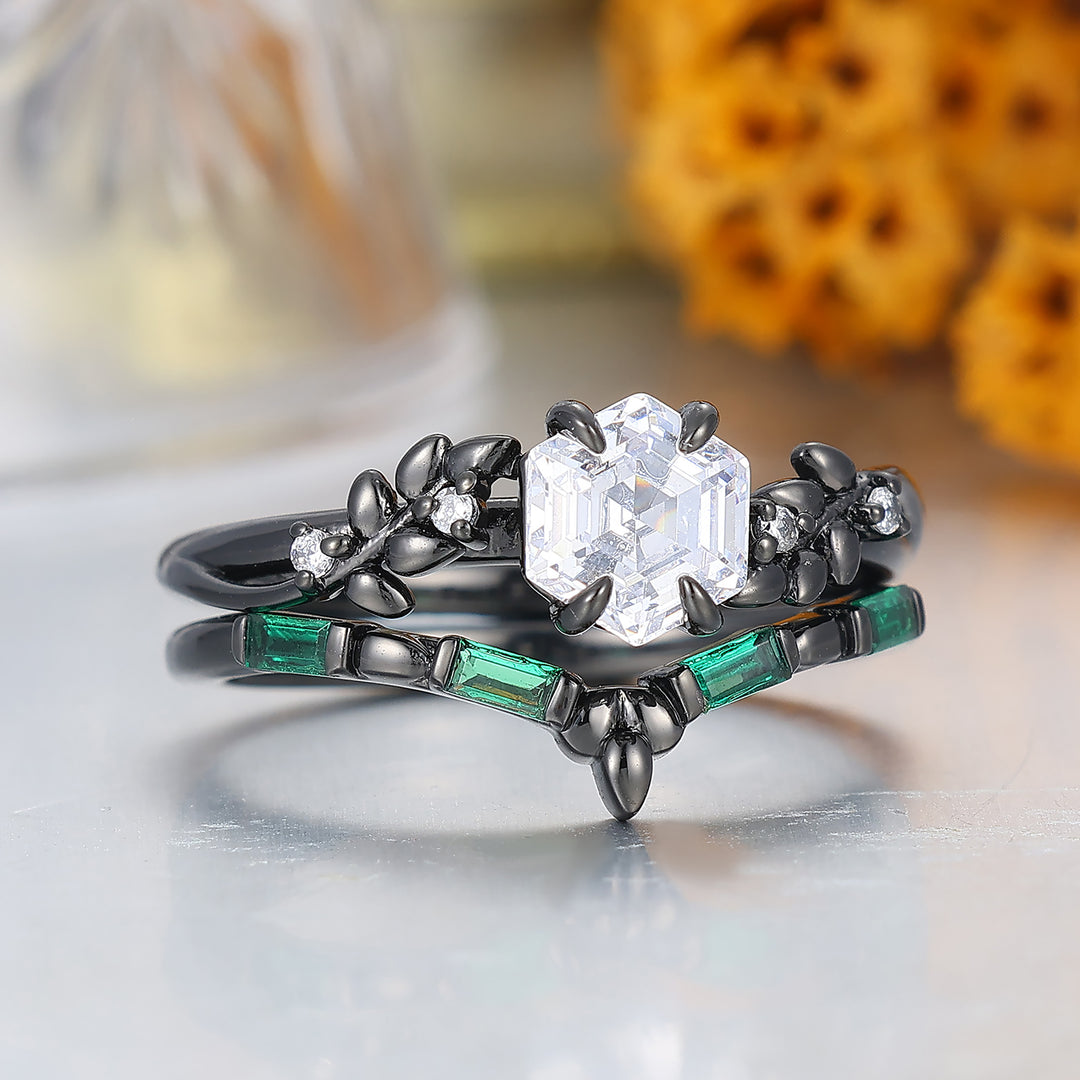 Unique Hexagon Cut Moissanite Wedding Ring Set Nature Inspired 2pcs Black Gold Moissanite Ring