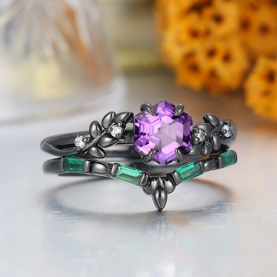 Leaf Style Hexagon Shape Natural Amethyst Engagement Ring Anniversary Wedding Ring