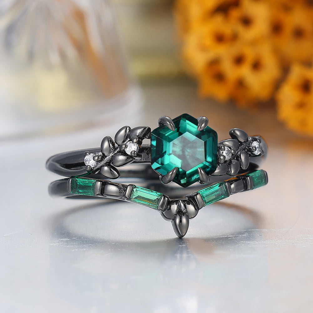 Art Deco Hexagon Shape Emerald Engagement Ring Leaf Style Anniversary Bridal Ring
