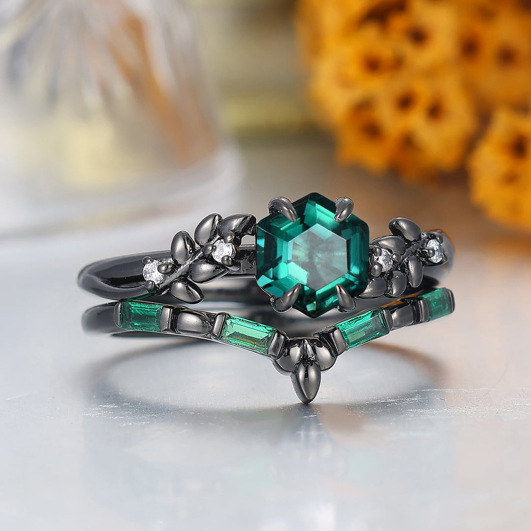 Art Deco Hexagon Shape Emerald Engagement Ring Leaf Style Anniversary Bridal Ring
