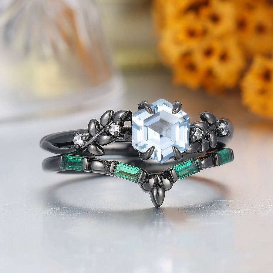 Art Deco Hexagon Cut Aquamarine Engagement Ring Set Nature Inspired 2pcs Aquamarine Wowen Ring